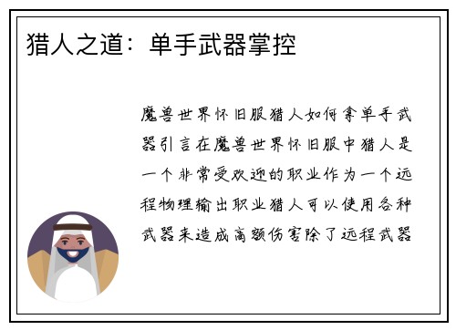 猎人之道：单手武器掌控